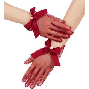 Women's Tulle Mesh Burgundy Bow Pearl Short Gloves Hallowmas Wedding Accessory